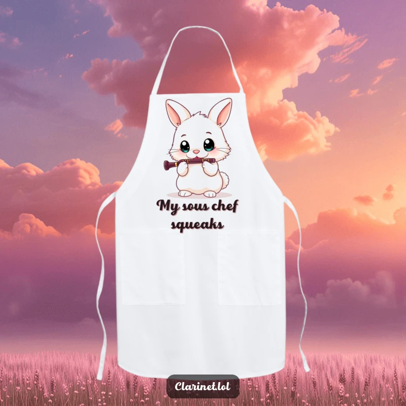 Funny apron featuring a bunny playing the clarinet, perfect for kitchen duties while adding a musical and humorous touch.