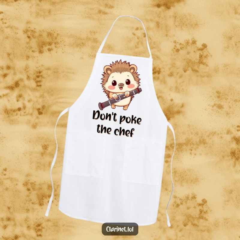 Funny apron showing a happy hedgehog peeking from behind a clarinet, perfect for kitchen tasks with a humorous touch.