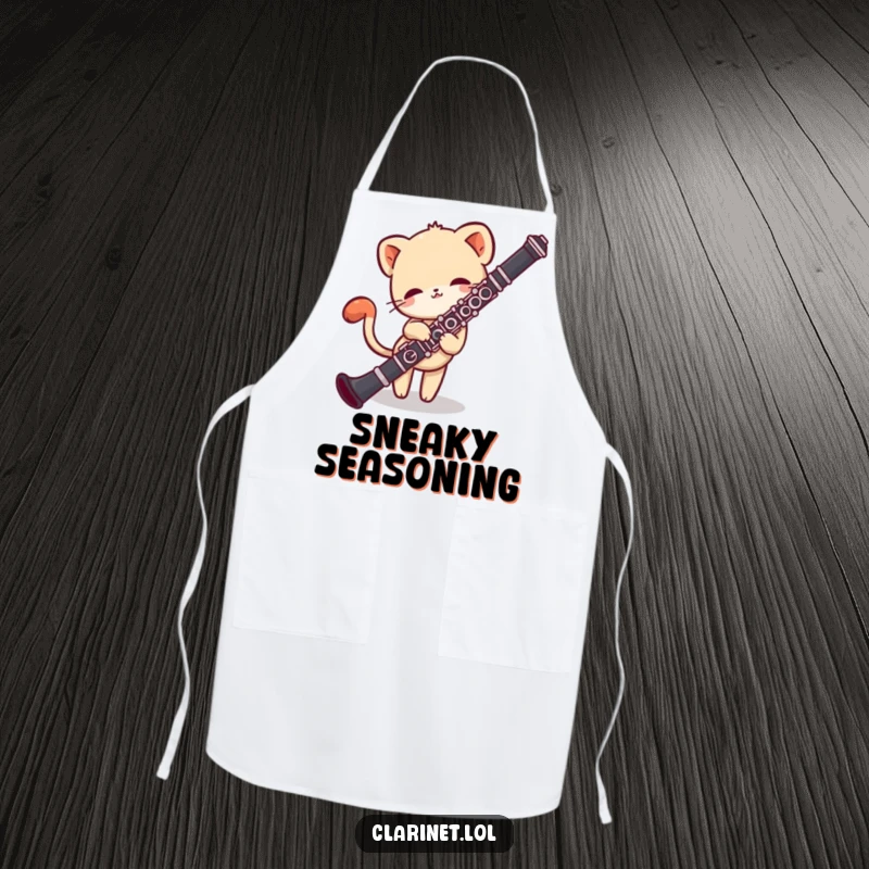 Funny apron with a shy creature peeking around a clarinet, tail wagging, perfect for kitchen tasks. Gift.