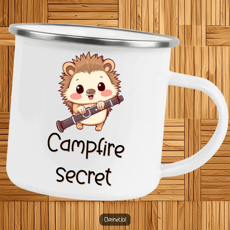 Funny camping mug with a happy hedgehog peeking from behind a clarinet, perfect for outdoor trips and musical enjoyment.