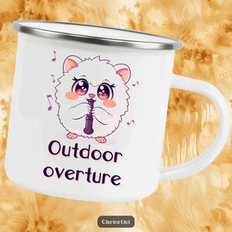 Funny camping mug with a fluffy creature playing the clarinet under the stars, bringing musical joy. Outdoors gift.