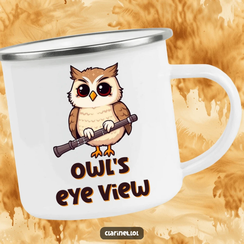 Funny camping mug with a giggling owl bobbing on a clarinet, perfect for outdoor trips and musical enjoyment.