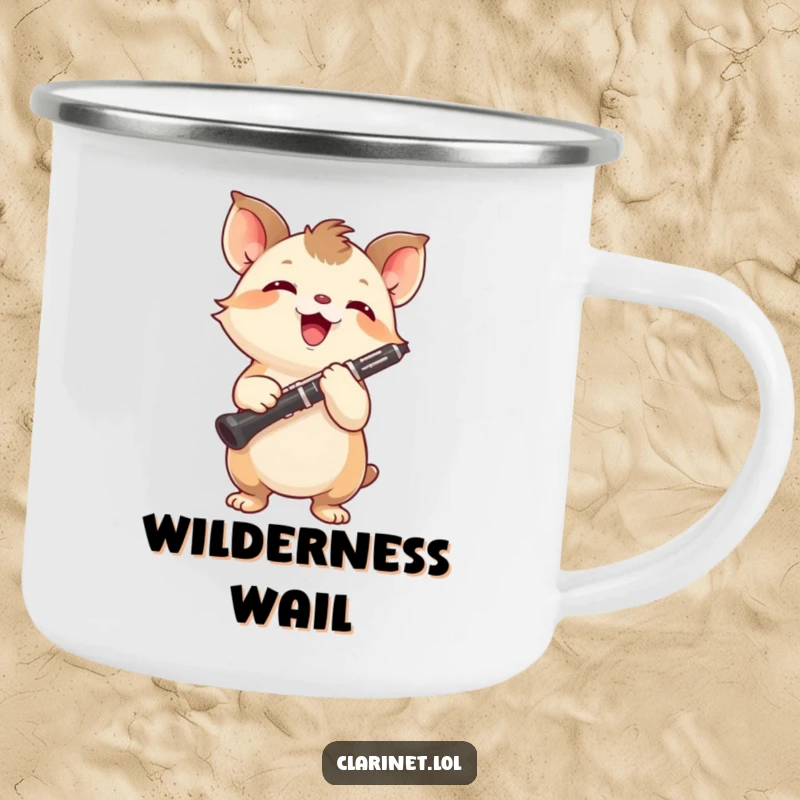 Funny camping mug of a small, energetic creature holding a clarinet, eyes bright with concentration. Adventure gift.
