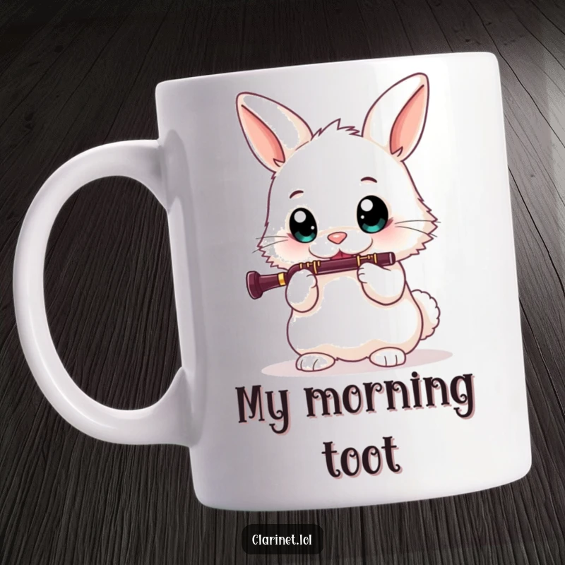 Funny mug featuring a fluffy bunny with big eyes, enthusiastically playing a clarinet, perfect for a music lover's gift.