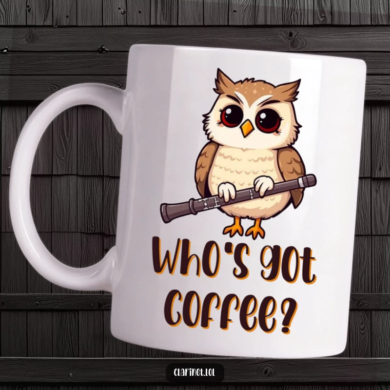 Funny mug featuring a giggling owl perched on a clarinet, bobbing its head, a perfect gift for music enthusiasts.