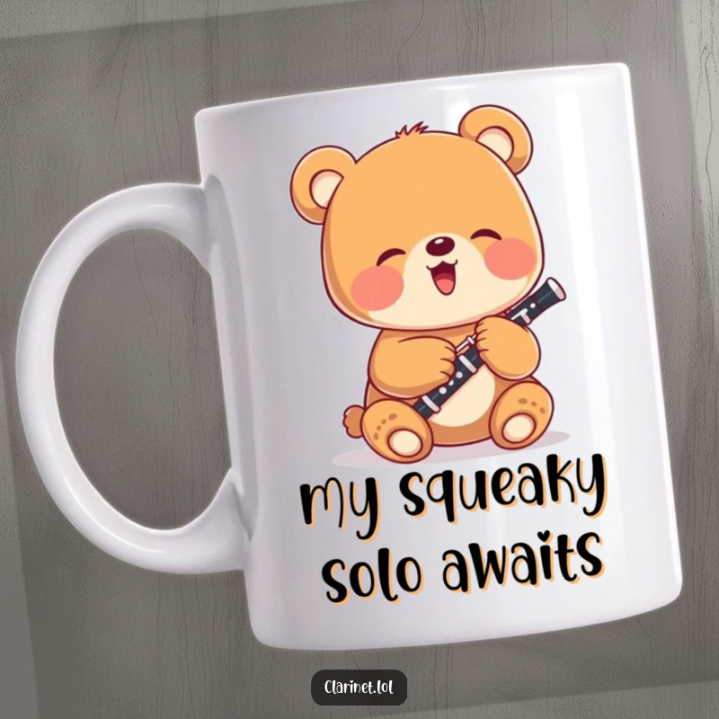 Funny bear cub giggling enthusiastically while playing a miniature clarinet on a ceramic mug, a delightful and whimsical gift.