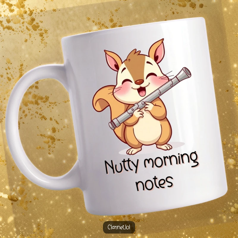 Funny mug featuring a cheerful squirrel energetically playing a clarinet with a wide smile, ideal for a music lover's gift.