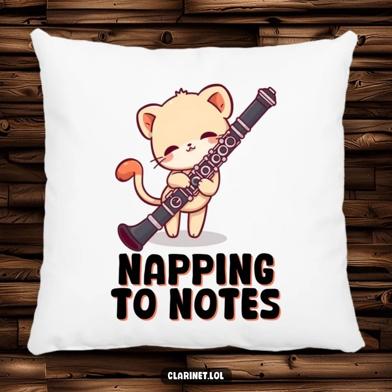 Funny pillow of a shy creature peeking around a clarinet, tail wagging softly. Cozy and cute.