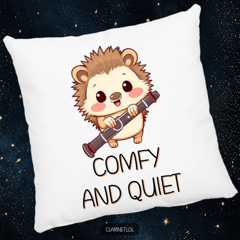 Funny pillow featuring a happy hedgehog peeking from behind a clarinet, offering cozy musical comfort and delightful charm.