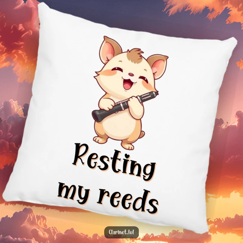 Funny pillow depicting a small, energetic creature holding a clarinet high, showing great focus and joy. Cozy gift.