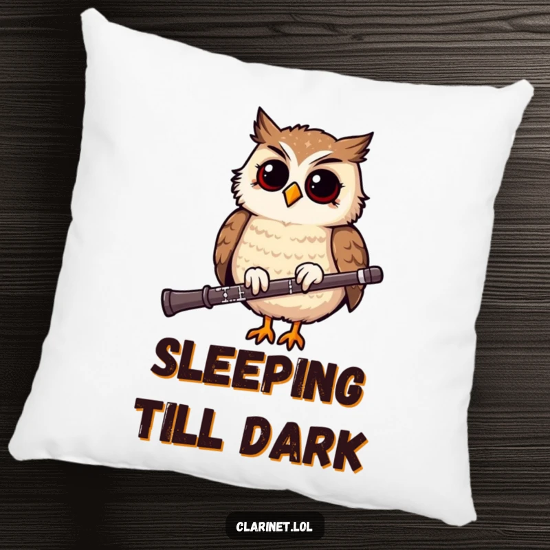Funny pillow featuring a giggling owl bobbing rhythmically on a clarinet, offering cozy musical comfort and humorous charm.