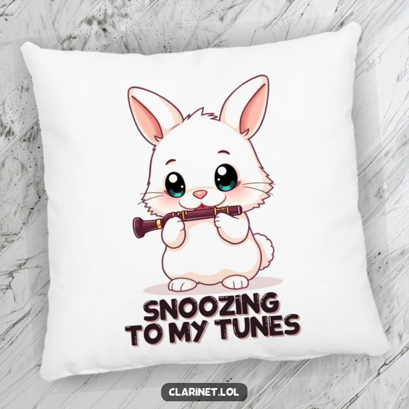 Funny pillow showcasing a fluffy bunny enthusiastically playing the clarinet, adding musical whimsy and comfort to home decor.