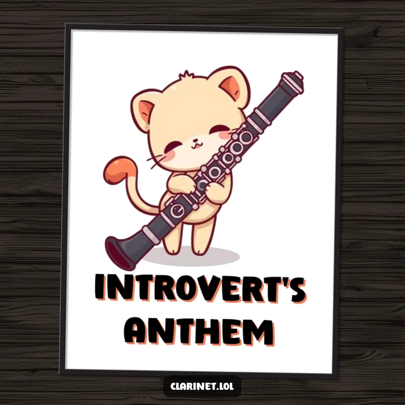 Funny digital art of a shy creature peeking from behind a clarinet, tail wagging curiously. Cute decor.