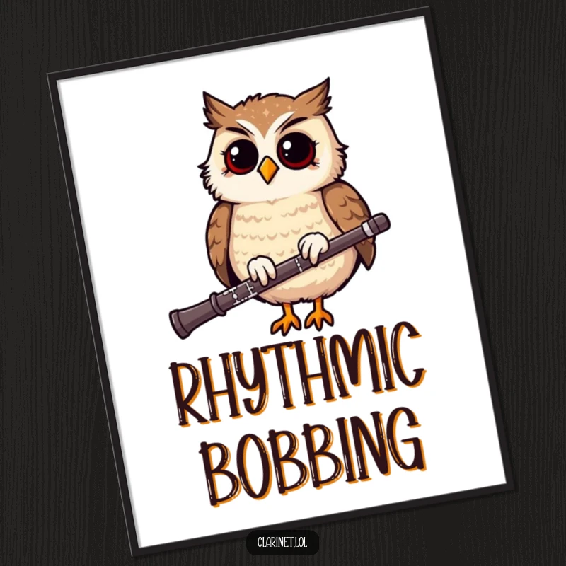 Funny digital art print of a giggling owl bobbing on a clarinet, offering instant downloadable musical rhythm and charm.