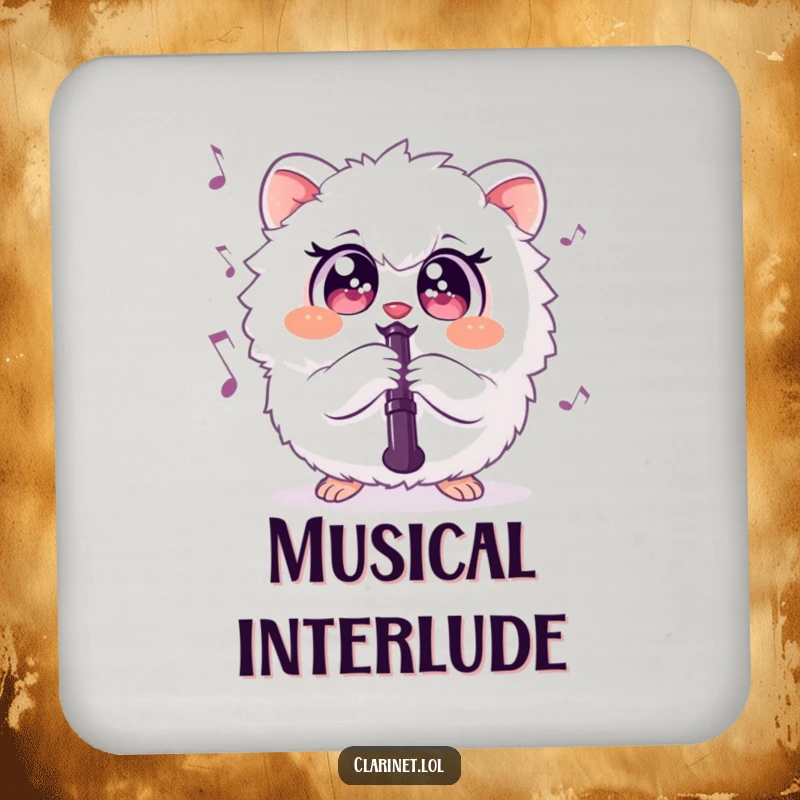 Funny drink coaster featuring a round, fluffy creature playing the clarinet, adding musical fun to tabletops. Gift.
