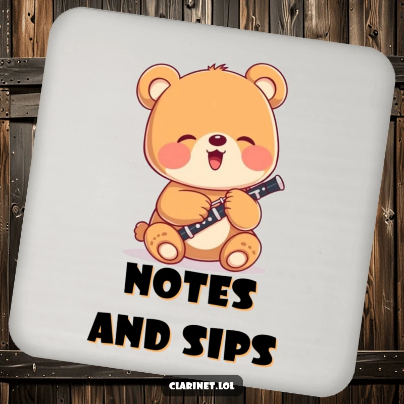 Funny bear cub playing a clarinet, presented on a set of drink coasters, adding a humorous touch to tabletops.