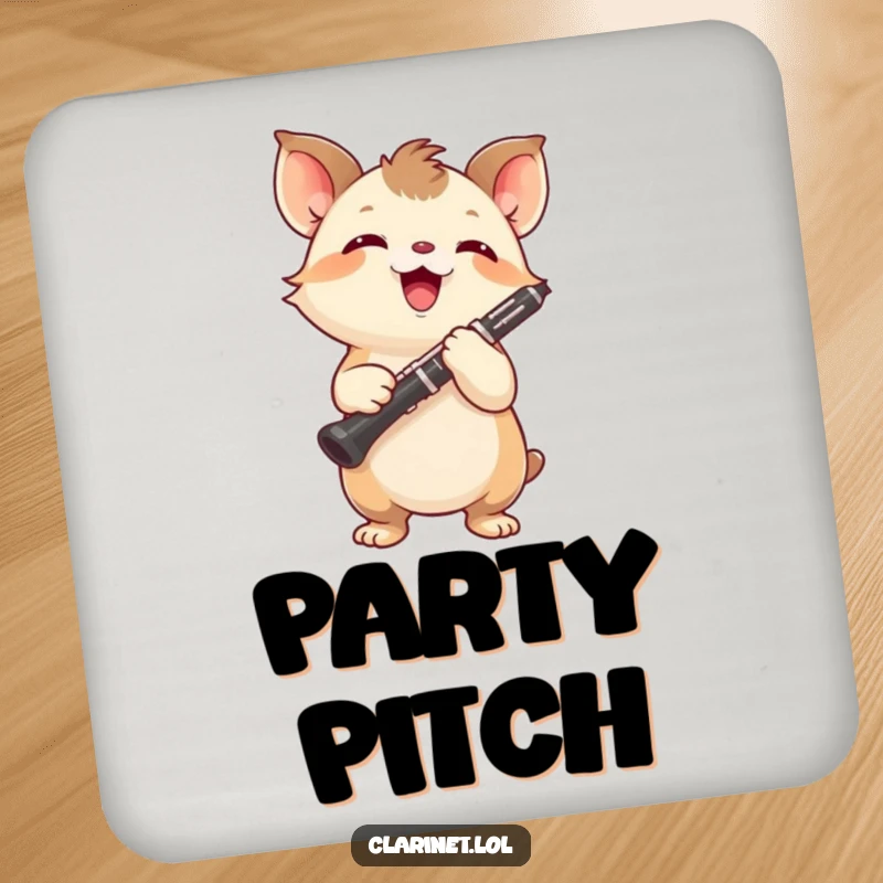 Funny drink coaster featuring a small creature holding a clarinet with intense, joyful concentration. Protects surfaces.