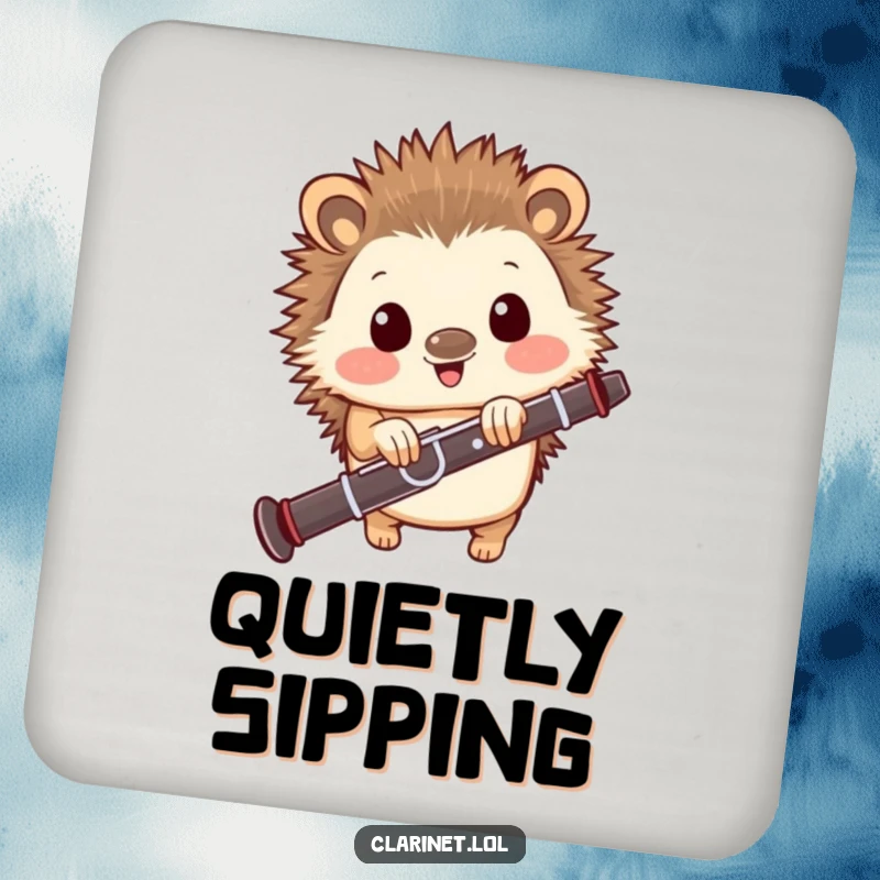 Funny coasters featuring a happy hedgehog peeking from behind a clarinet, providing stylish surface protection with musical charm.