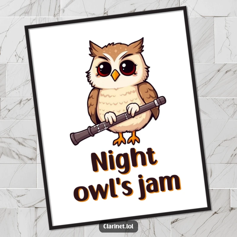Funny art poster of a giggling owl bobbing its head rhythmically on a clarinet, creating a lively musical atmosphere.