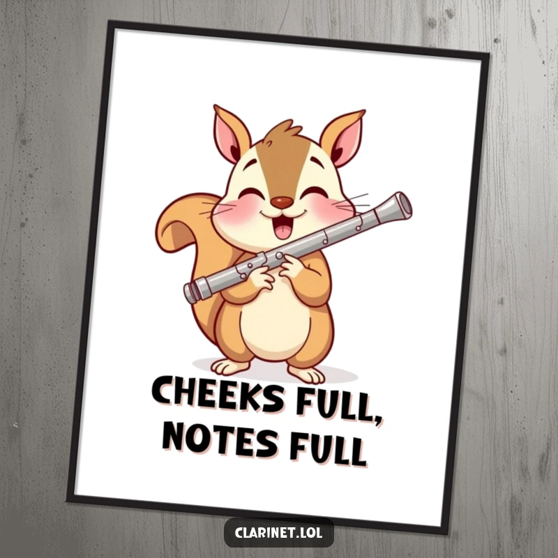 Funny art poster of a smiling squirrel energetically blowing a clarinet, creating a joyful and humorous musical atmosphere.