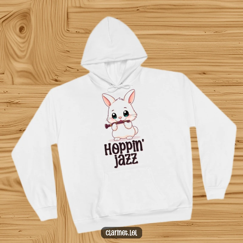 Funny hoodie with a fluffy bunny playing the clarinet, offering cozy comfort and a humorous musical theme for a great gift.