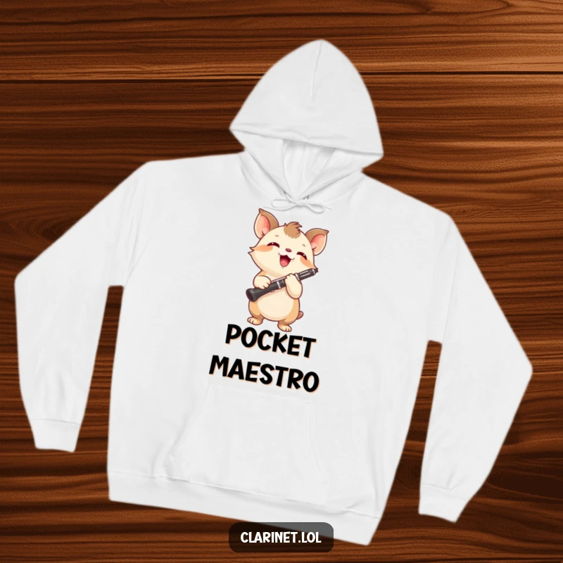 Funny hoodie showing a small, energetic creature with paws proudly displaying a clarinet, focused intently. Great gift.