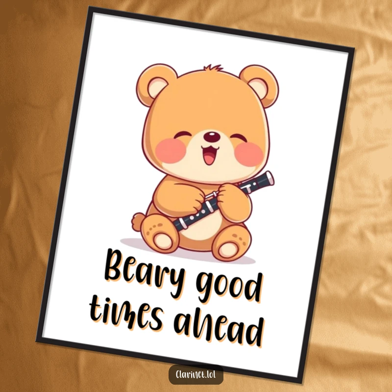 Funny Free Printable Wall Art: A happy bear cub giggles uncontrollably while holding a tiny, adorable clarinet.