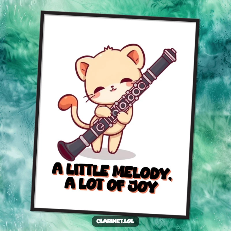 Funny free printable wall art of a shy creature peeking from behind a clarinet, its tail wagging with gentle musical curiosity.