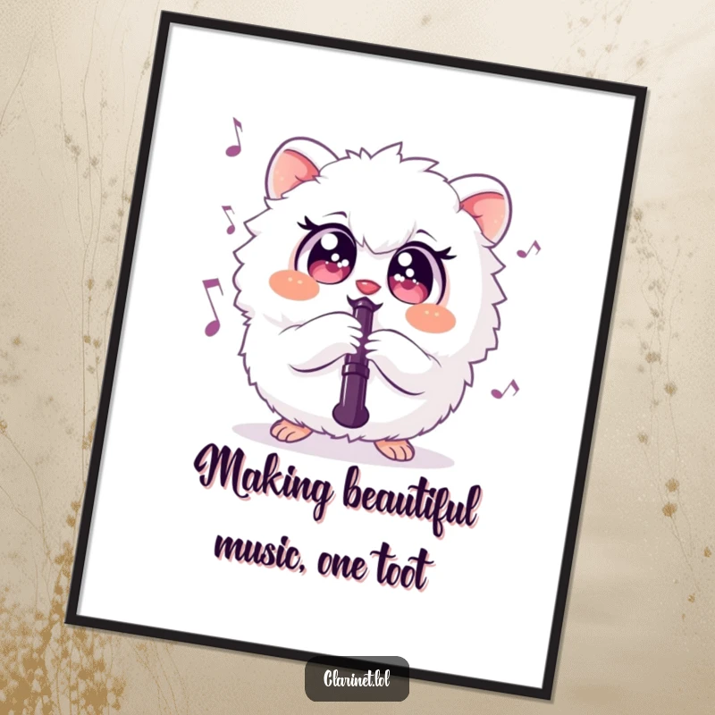 Funny free printable wall art of a fluffy, round creature with sparkling eyes, joyfully playing a clarinet with colorful musical notes.