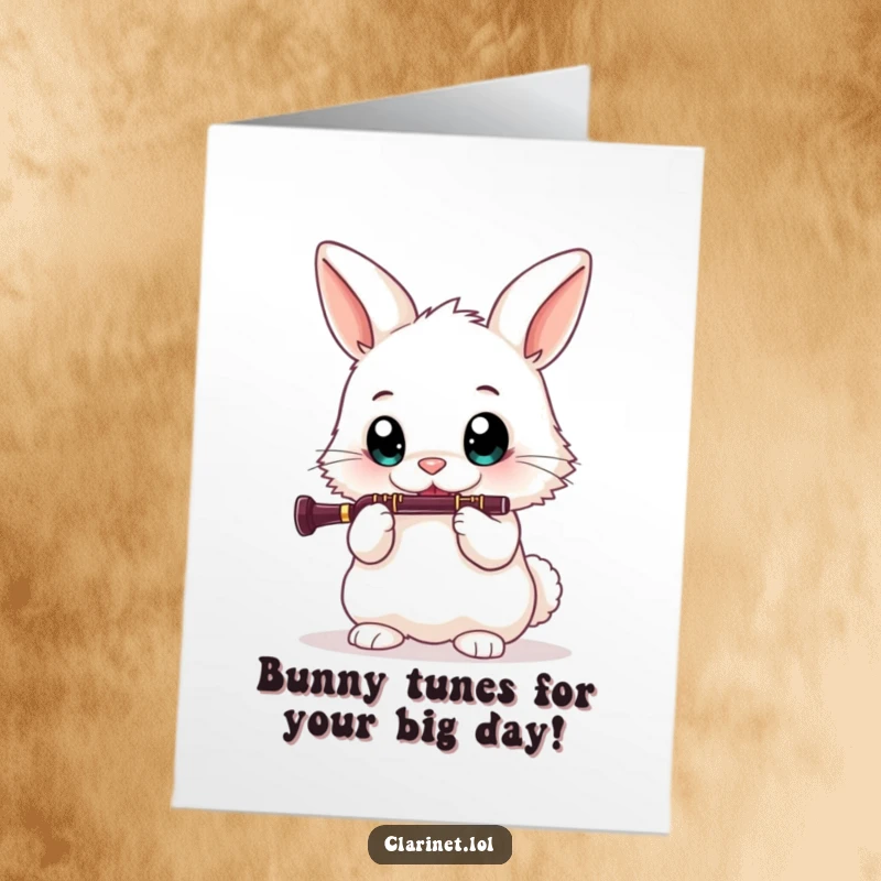 Funny Free Printable Birthday Card: Fluffy bunny with big eyes joyfully plays a clarinet, sending musical birthday wishes.