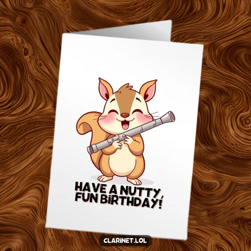 Funny Free Printable Birthday Card: Cheerful squirrel with a wide smile plays a shiny clarinet with energetic zest.