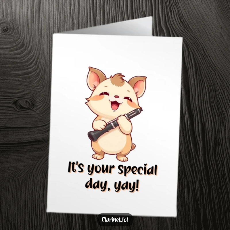 Funny free printable birthday card of a small, energetic creature with tiny paws holding a clarinet high, beaming with focus.