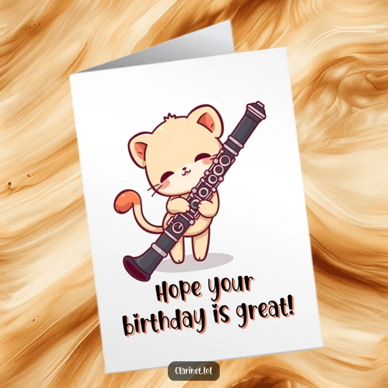 Funny free printable birthday card of a shy creature peeking around a clarinet, tail wagging with musical curiosity.