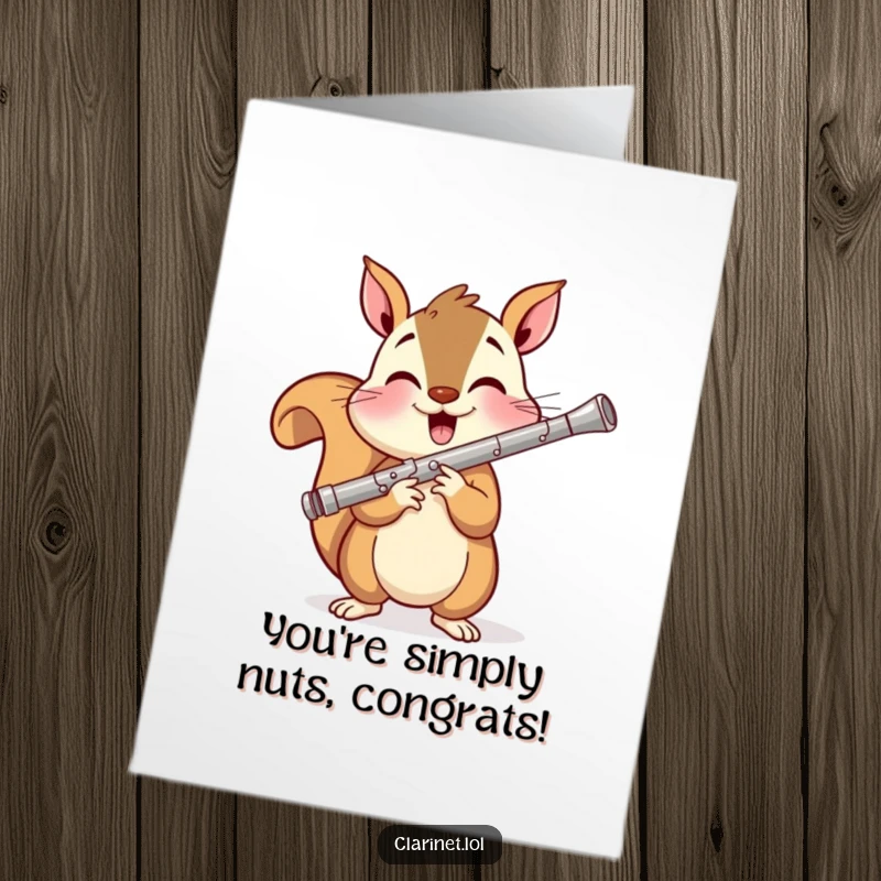 Funny Free Printable Congratulations Card: A smiling squirrel energetically plays a clarinet, celebrating a big win.
