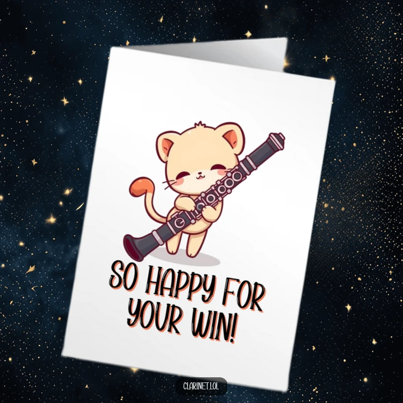Funny free printable congratulations card featuring a shy creature curiously peeking around a clarinet, tail wagging.