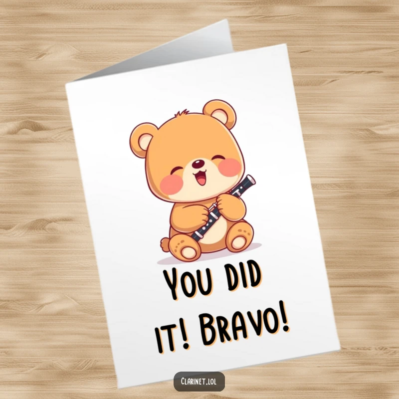 Funny Free Printable Congratulations Card: Giggling bear cub honks a tiny clarinet to celebrate your amazing success.