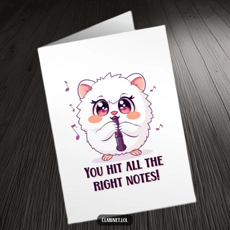 Funny free printable congratulations card of a fluffy creature joyfully playing the clarinet, celebrating an achievement.