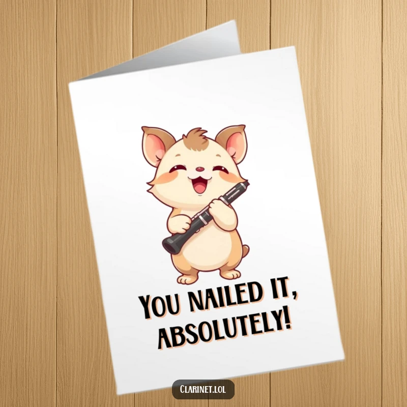 Funny free printable congratulations card showing a small, energetic creature holding a clarinet in triumph, full of joy.