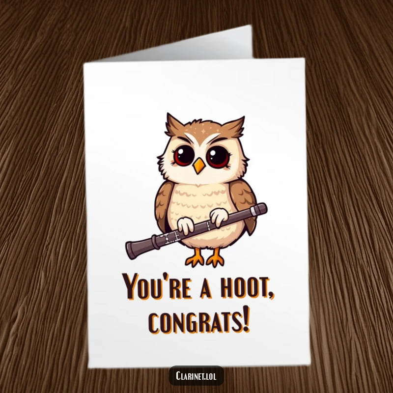 Funny Free Printable Congratulations Card: A giggling owl perched on a clarinet celebrates good news with rhythmic head bobbing.