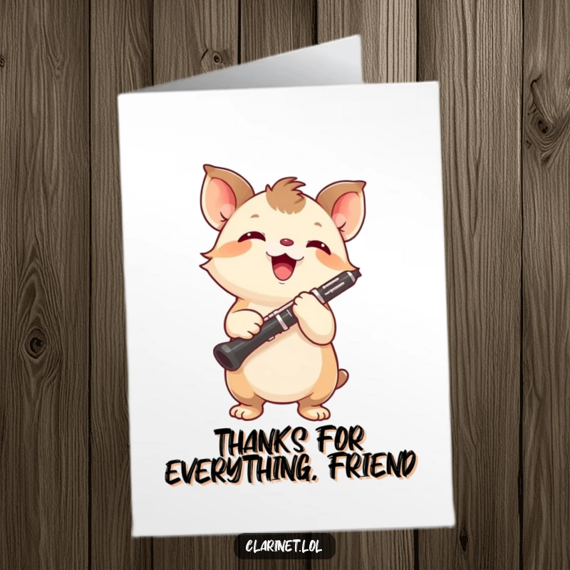 Funny free printable thank you card featuring a small, energetic creature holding a clarinet aloft with joyful concentration.