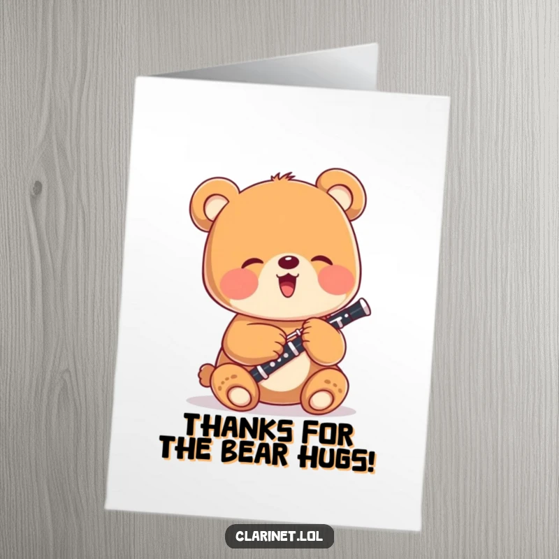 Funny Free Printable Thank You Card: Giggling bear cub plays clarinet, sending musical notes of thanks your way.