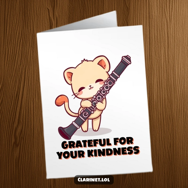 Funny free printable thank you card of a shy creature peeking around a clarinet, its tail wagging with curiosity.