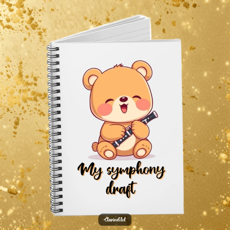 Funny bear cub amusingly playing a small clarinet on the cover of a lined notebook, great for journaling or notes.