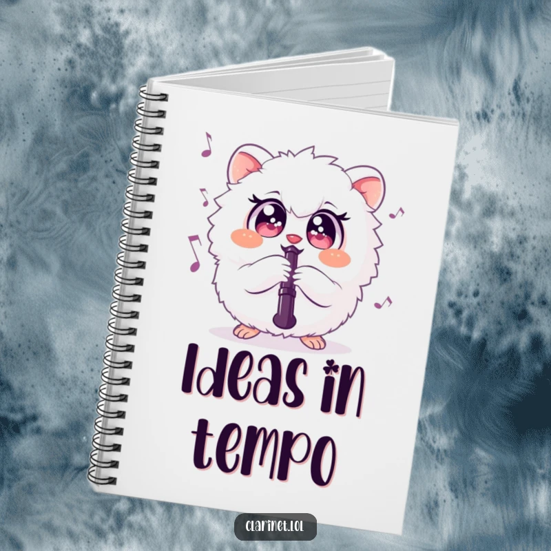 Funny notebook cover featuring a chubby, round creature playing the clarinet, ideal for notes and music. Gift idea.