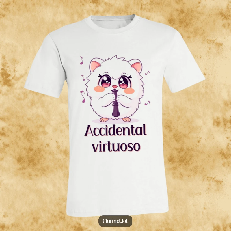 Funny t-shirt featuring a plump, fluffy creature enthusiastically playing a clarinet, surrounded by musical notes. Hilarious gift.