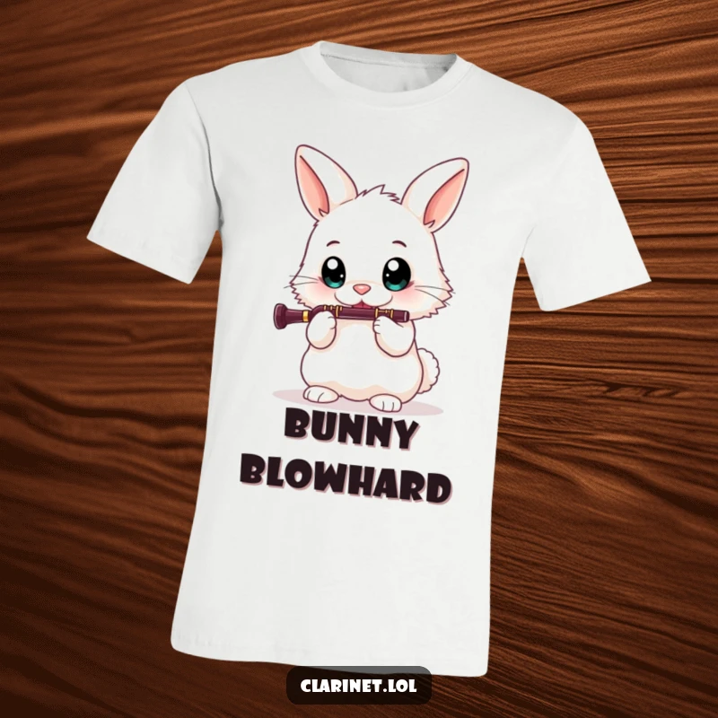 Funny t-shirt of a fluffy bunny playing a clarinet with enthusiasm, showcasing a humorous music-themed design for gift-givers.