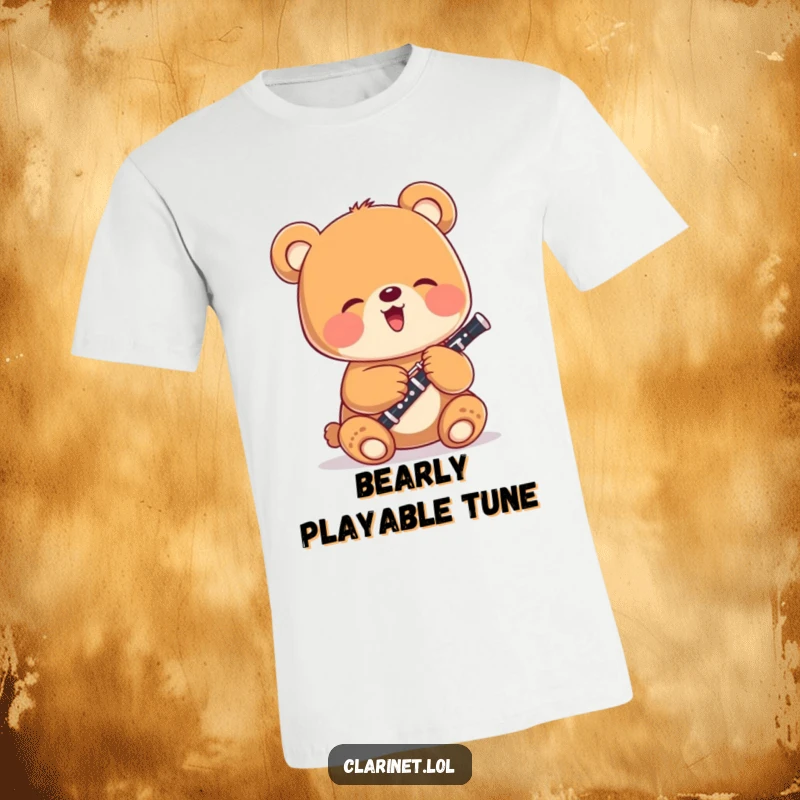 Funny bear cub gleefully playing a tiny clarinet on a soft cotton t-shirt, a humorous and charming gift for all ages.