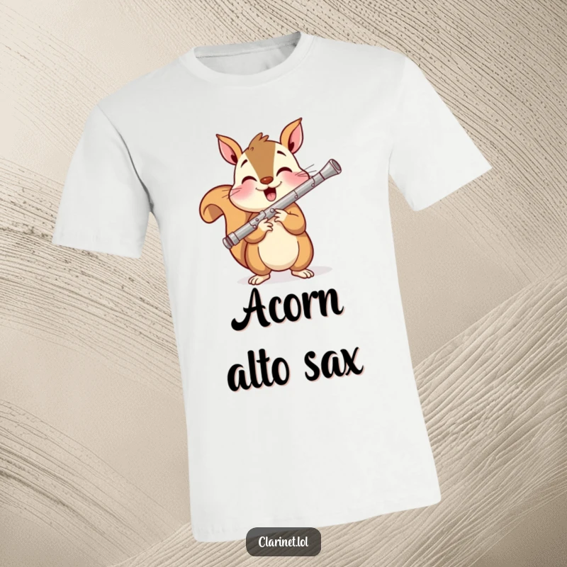 Funny t-shirt of a smiling squirrel energetically playing a clarinet, showcasing a joyful and humorous music-themed design.