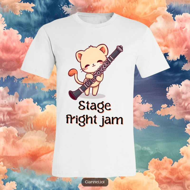 Funny t-shirt graphic of a shy creature looking around a clarinet, its tail giving a hopeful wag. Sweet gift.