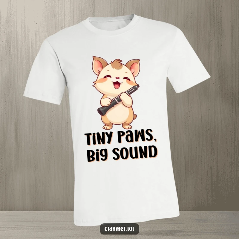 Funny t-shirt featuring a tiny-pawed, energetic creature holding a clarinet overhead, radiating intense focus. Hilarious.